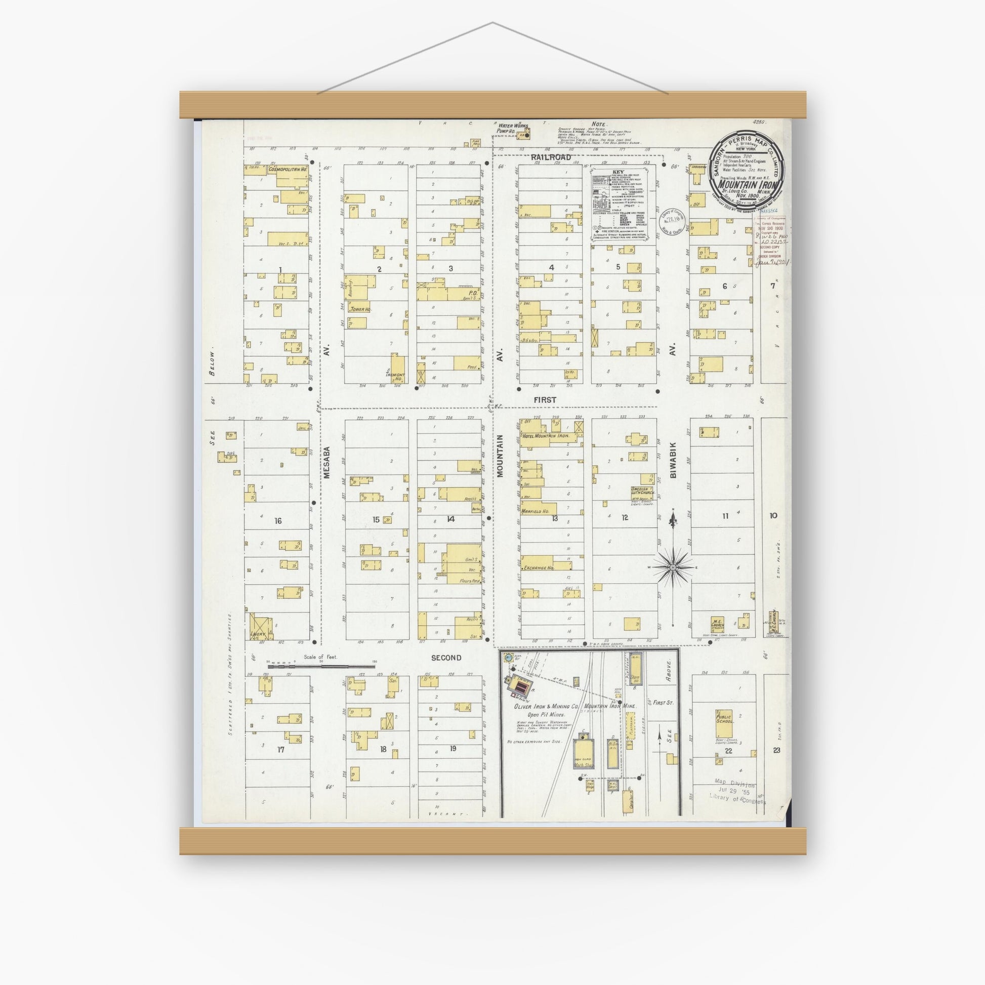 Old map wall art mockup — magnetic wood frame on white wall — Sanborn Fire Insurance Map from Mountain Iron, Saint Louis County, Minnesota (1900), Sheet #0001
