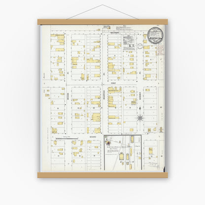 Old map wall art mockup — magnetic wood frame on white wall — Sanborn Fire Insurance Map from Mountain Iron, Saint Louis County, Minnesota (1900), Sheet #0001