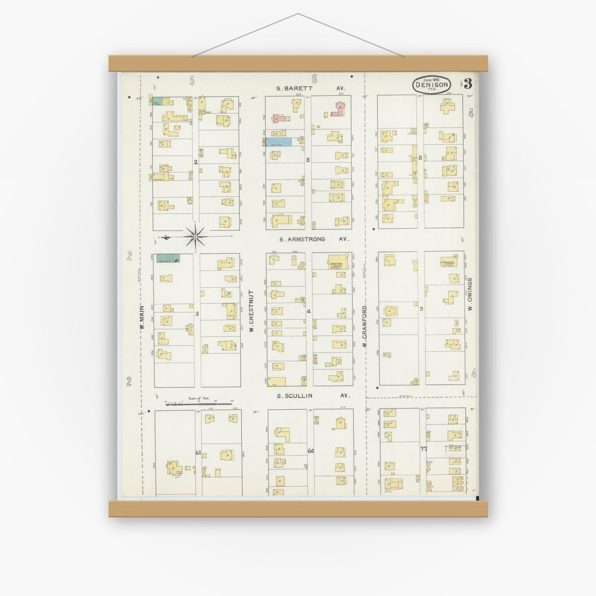 Old map wall art mockup — magnetic wood frame on white wall — Sanborn Fire Insurance Map from Denison, Grayson County, Texas (1892), Sheet #0003
