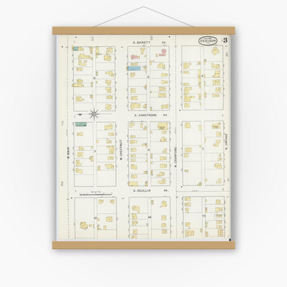 Old map wall art mockup — magnetic wood frame on white wall — Sanborn Fire Insurance Map from Denison, Grayson County, Texas (1892), Sheet #0003