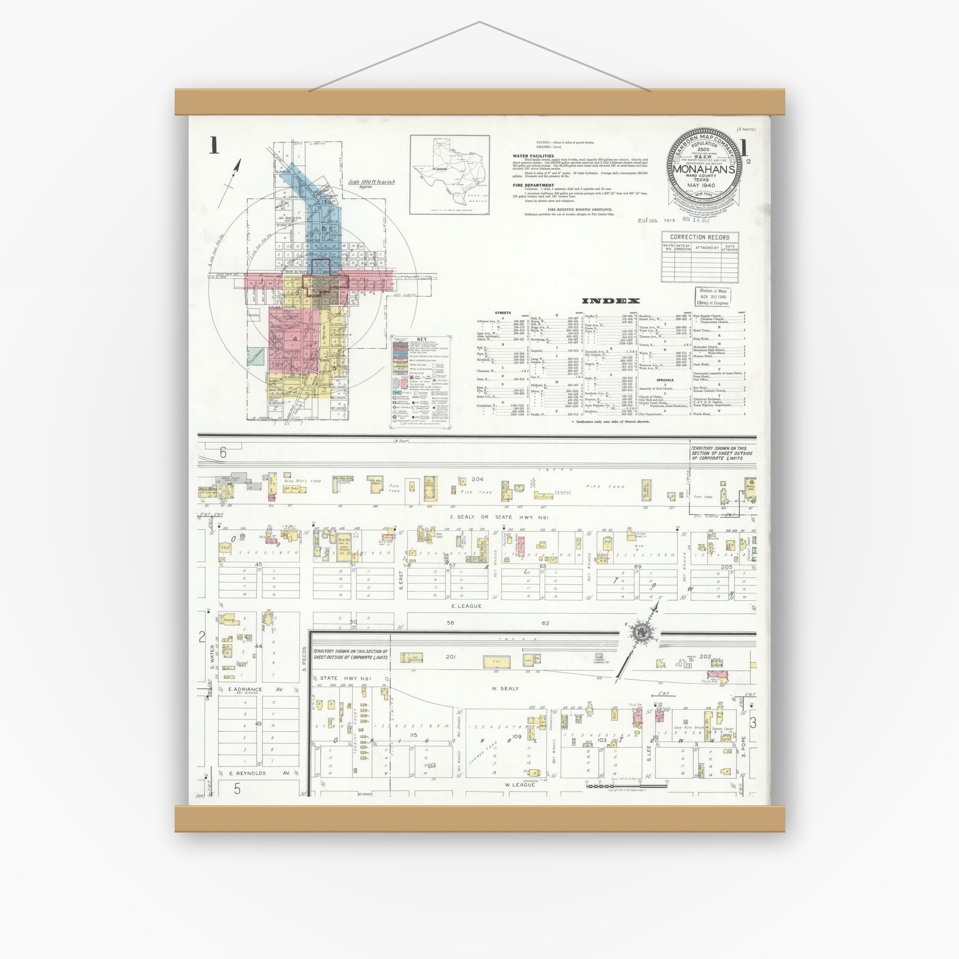 Old map wall art mockup — magnetic wood frame on white wall — Sanborn Fire Insurance Map from Monahans, Ward County, Texas (1940), Sheet #0001