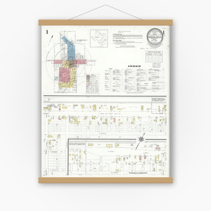Old map wall art mockup — magnetic wood frame on white wall — Sanborn Fire Insurance Map from Monahans, Ward County, Texas (1940), Sheet #0001