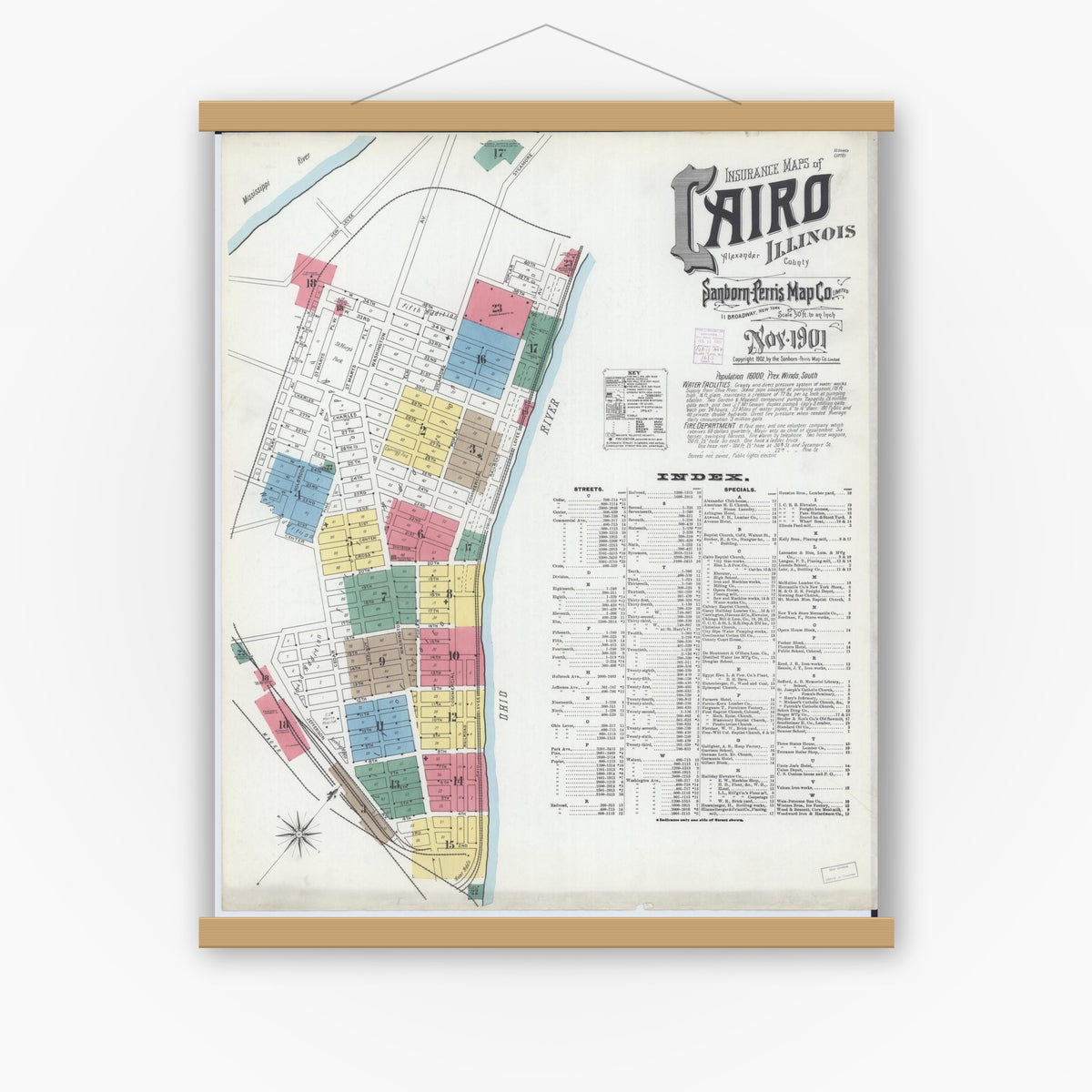 Old map wall art mockup — magnetic wood frame on white wall — Sanborn Fire Insurance Map from Cairo, Alexander County, Illinois (1901), Sheet #0001
