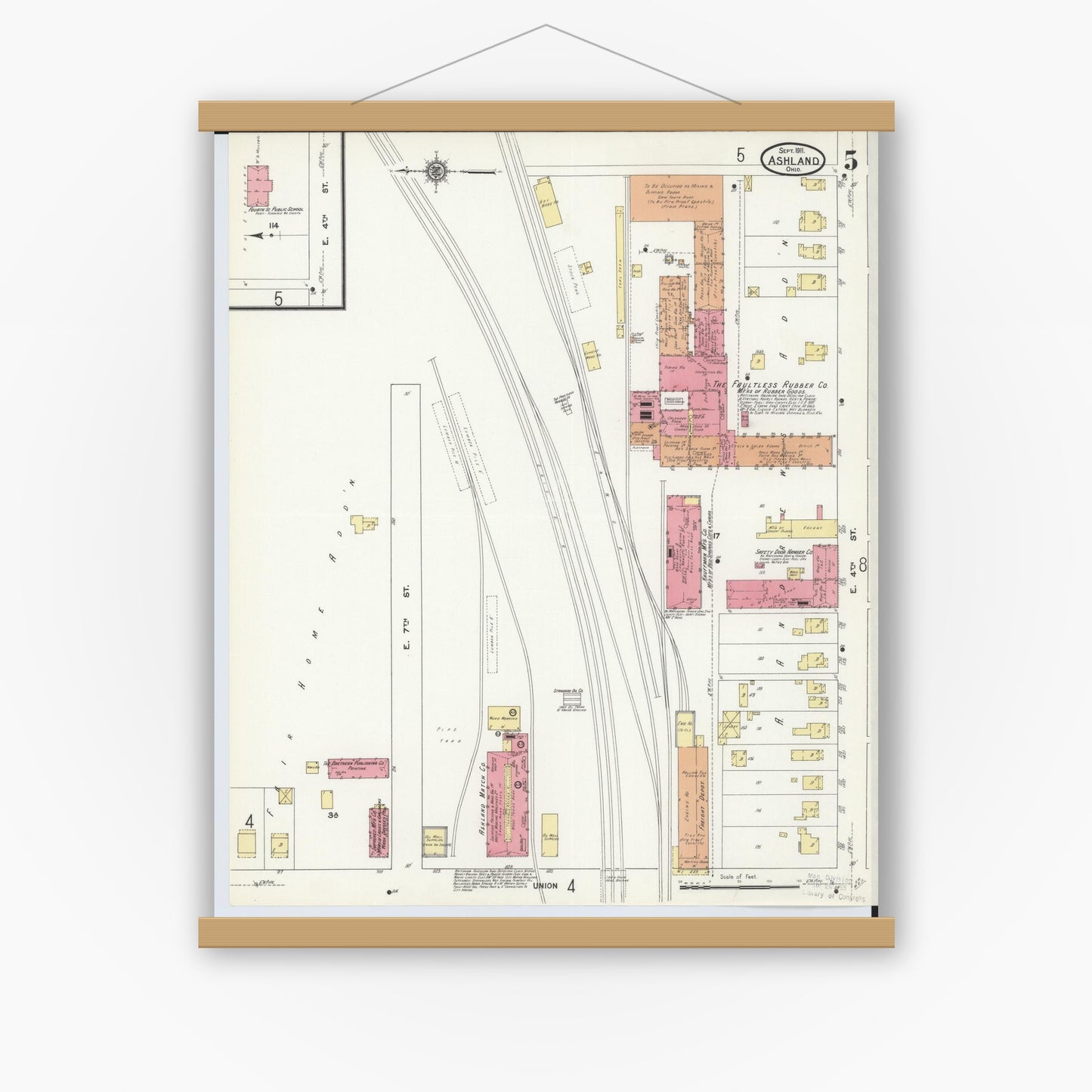 Old map wall art mockup — magnetic wood frame on white wall — Sanborn Fire Insurance Map from Ashland, Ashland County, Ohio (1911), Sheet #0005