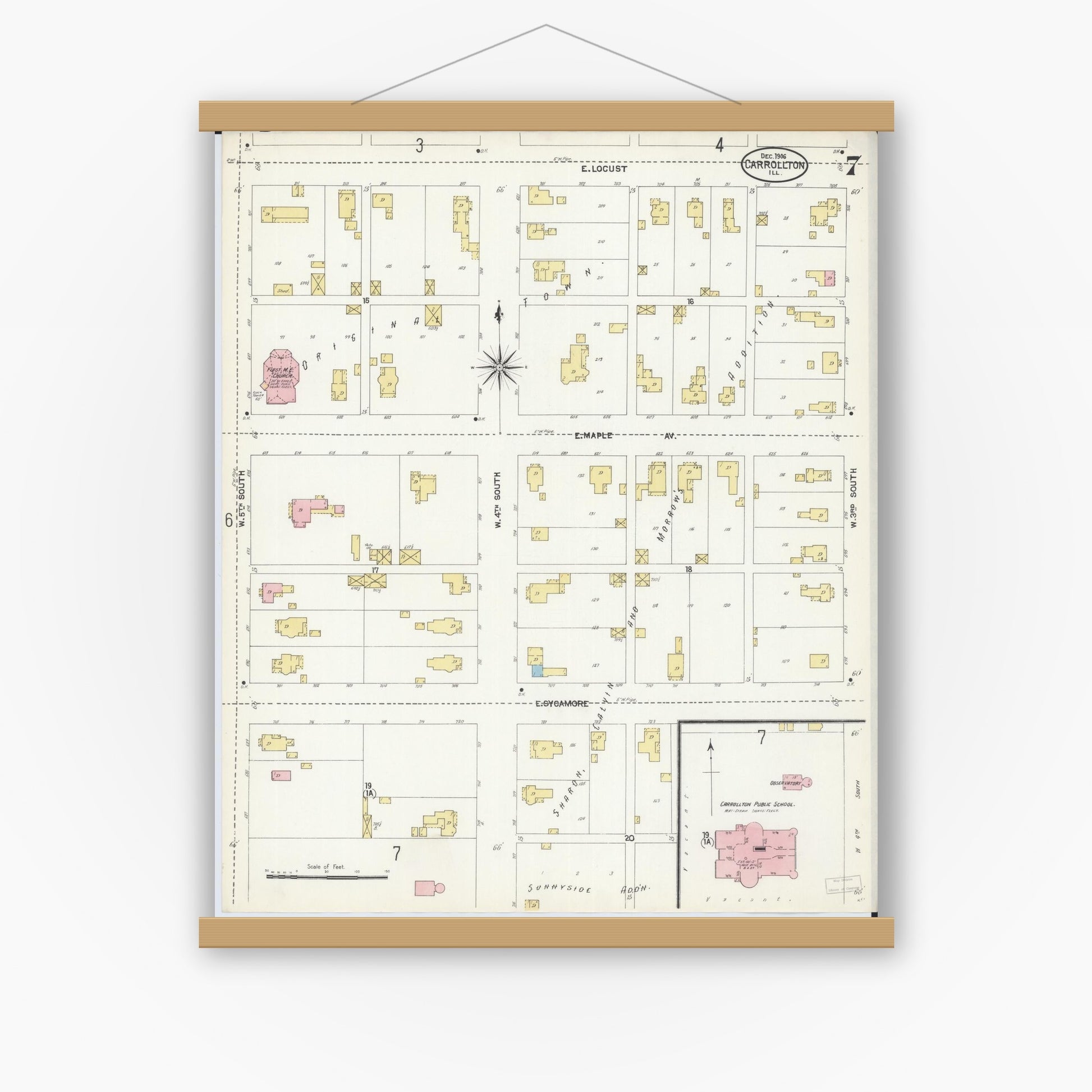 Old map wall art mockup — magnetic wood frame on white wall — Sanborn Fire Insurance Map from Carrollton, Greene County, Illinois (1906), Sheet #0007