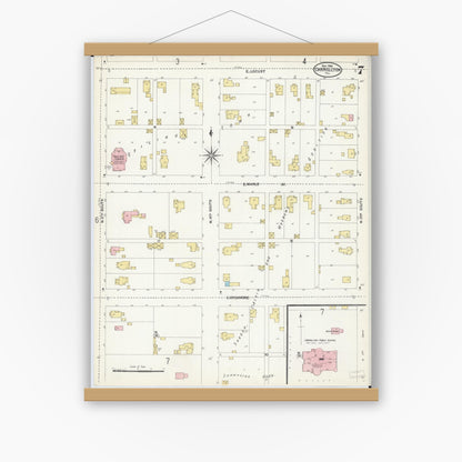 Old map wall art mockup — magnetic wood frame on white wall — Sanborn Fire Insurance Map from Carrollton, Greene County, Illinois (1906), Sheet #0007