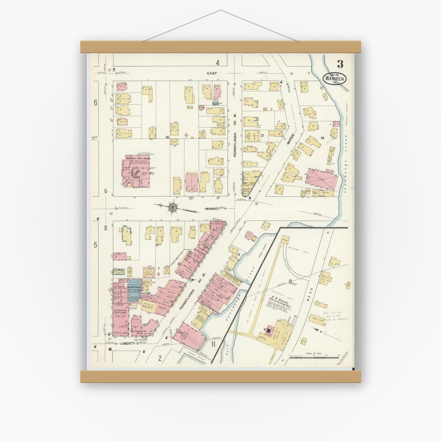 Old map wall art mockup — magnetic wood frame on white wall — Sanborn Fire Insurance Map from Warren, Warren County, Pennsylvania (1912), Sheet #0003