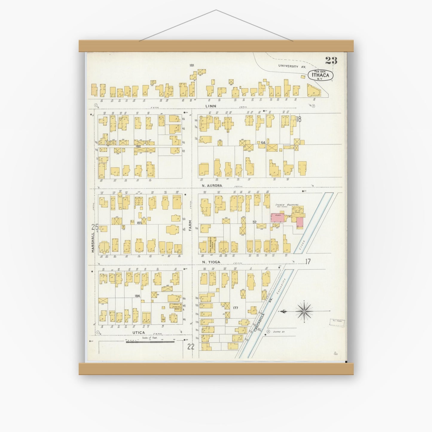 Old map wall art mockup — magnetic wood frame on white wall — Sanborn Fire Insurance Map from Ithaca, Tompkins County, New York (1904), Sheet #0023