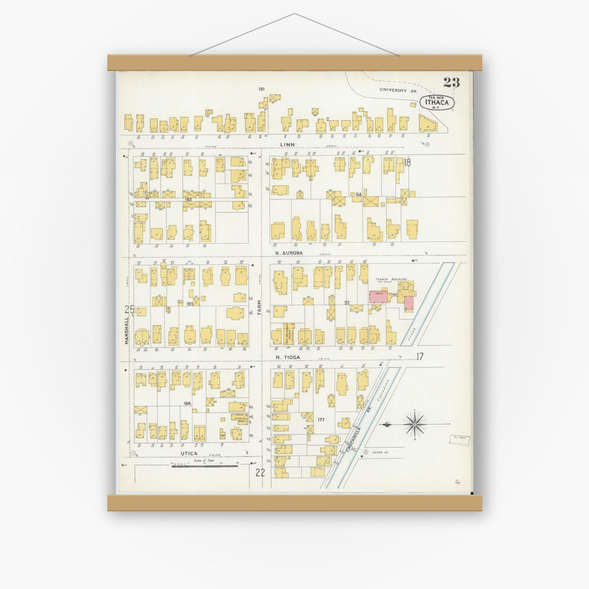 Old map wall art mockup — magnetic wood frame on white wall — Sanborn Fire Insurance Map from Ithaca, Tompkins County, New York (1904), Sheet #0023