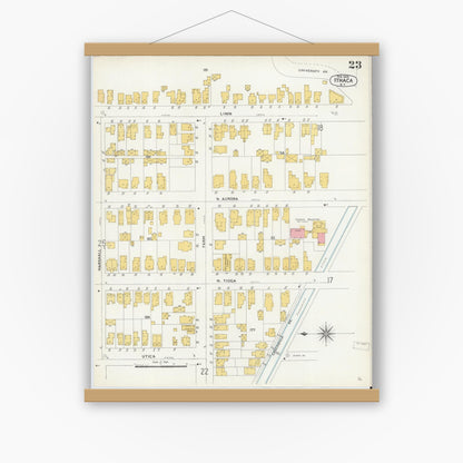 Old map wall art mockup — magnetic wood frame on white wall — Sanborn Fire Insurance Map from Ithaca, Tompkins County, New York (1904), Sheet #0023