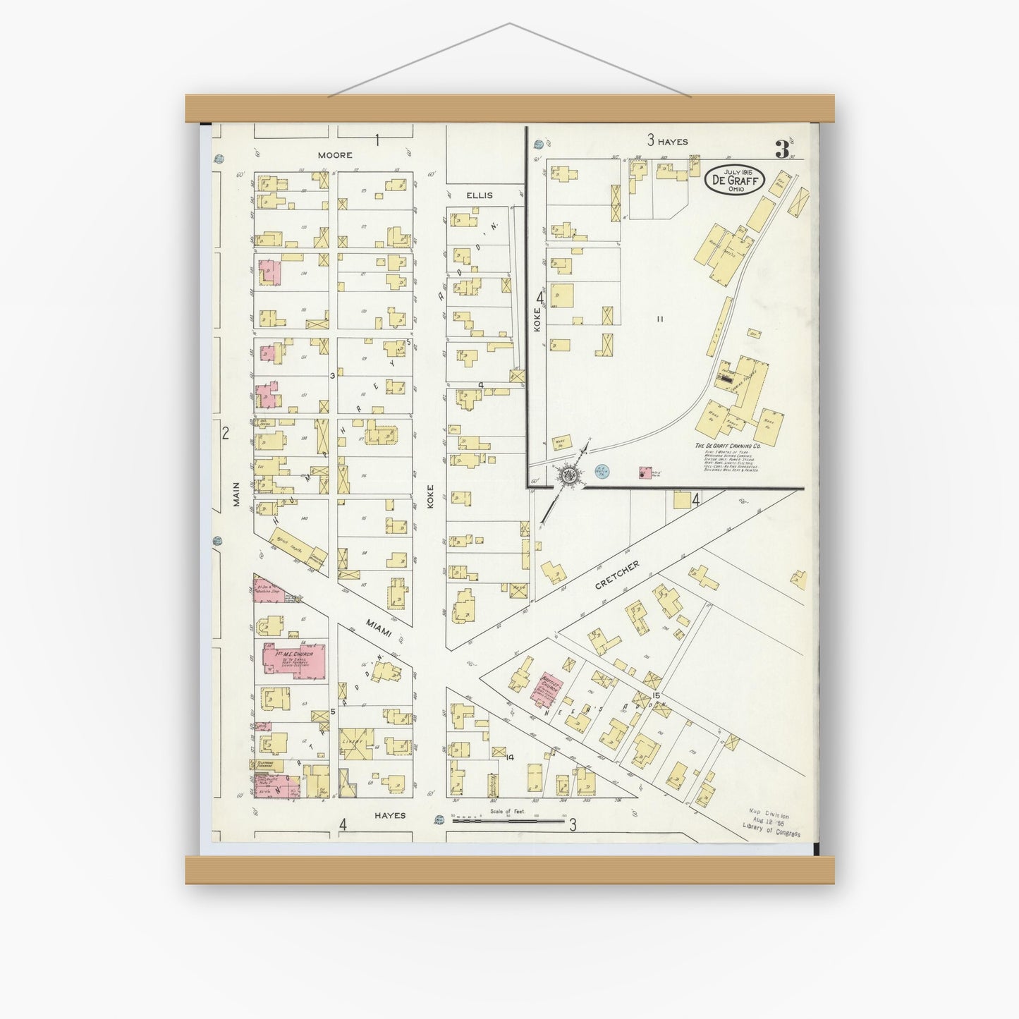 Old map wall art mockup — magnetic wood frame on white wall — Sanborn Fire Insurance Map from Degraff, Logan County, Ohio (1915), Sheet #0003