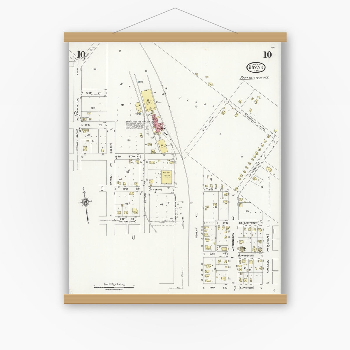 Old map wall art mockup — magnetic wood frame on white wall — Sanborn Fire Insurance Map from Bryan, Brazos County, Texas (1925), Sheet #0010