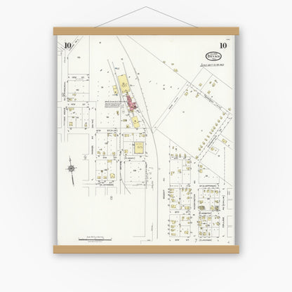 Old map wall art mockup — magnetic wood frame on white wall — Sanborn Fire Insurance Map from Bryan, Brazos County, Texas (1925), Sheet #0010