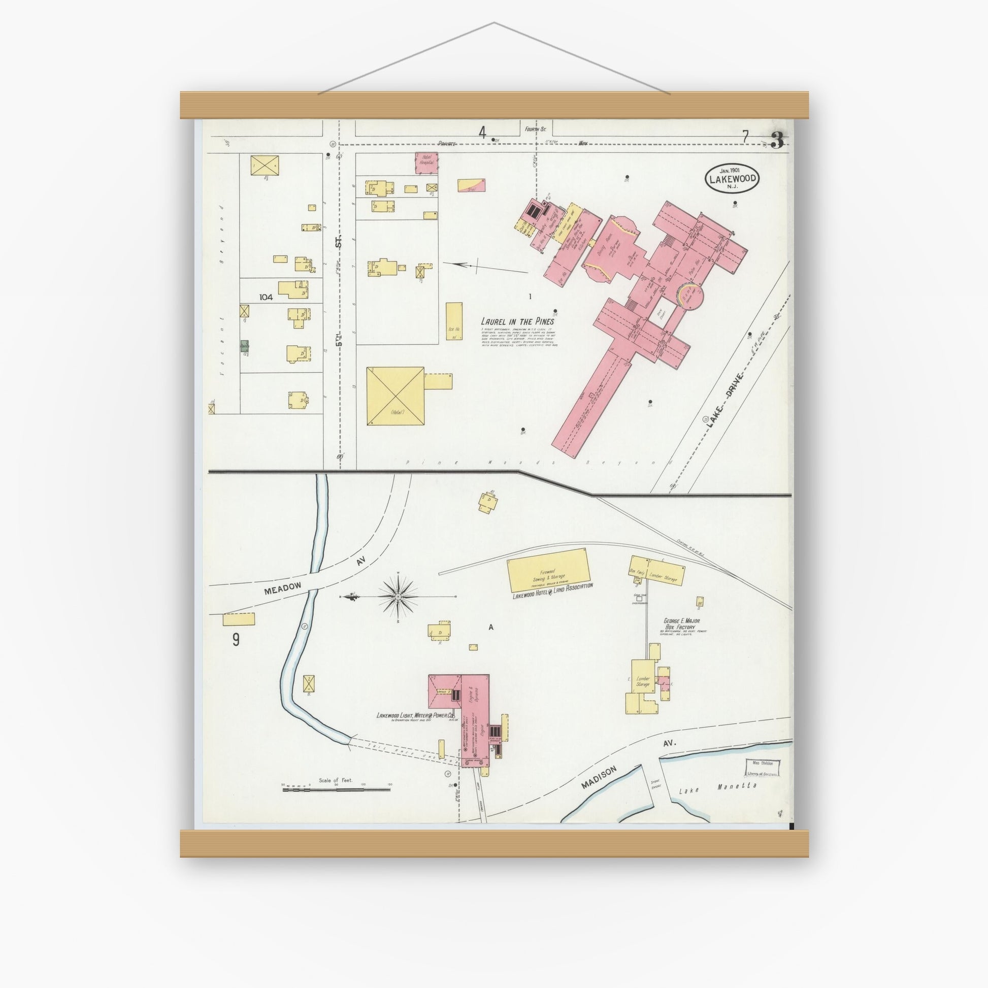 Old map wall art mockup — magnetic wood frame on white wall — Sanborn Fire Insurance Map from Lakewood, Ocean County, New Jersey (1901), Sheet #0003