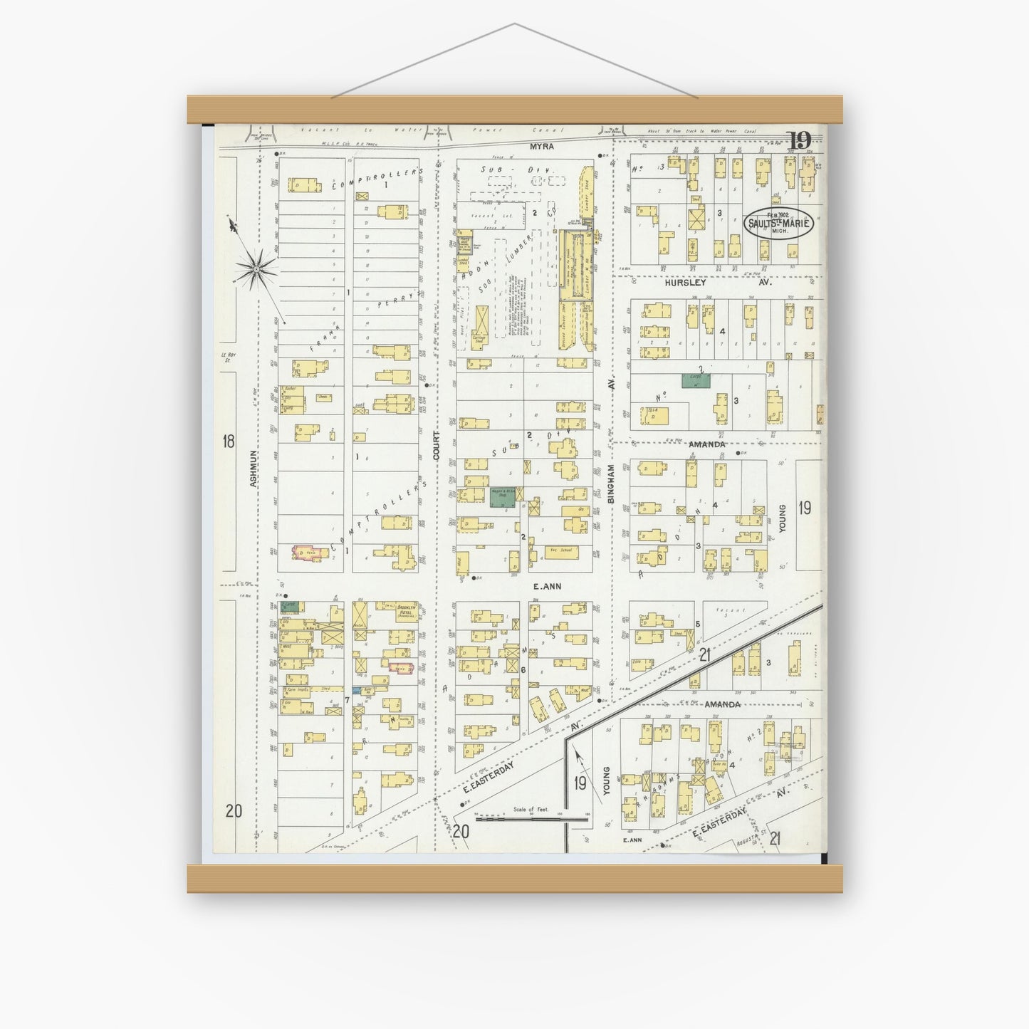 Old map wall art mockup — magnetic wood frame on white wall — Sanborn Fire Insurance Map from Sault Sainte Marie, Chippewa County, Michigan (1902), Sheet #0019