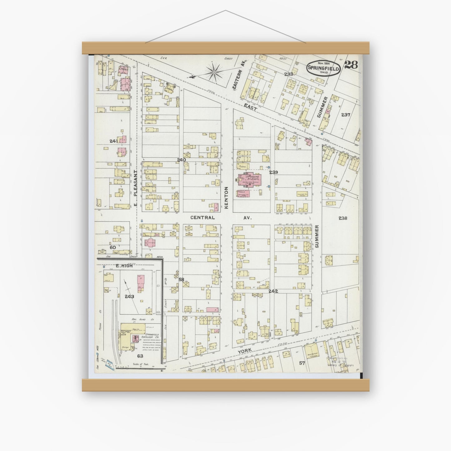 Old map wall art mockup — magnetic wood frame on white wall — Sanborn Fire Insurance Map from Springfield, Clark County, Ohio (1891), Sheet #0028