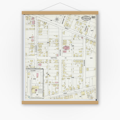 Old map wall art mockup — magnetic wood frame on white wall — Sanborn Fire Insurance Map from Springfield, Clark County, Ohio (1891), Sheet #0028