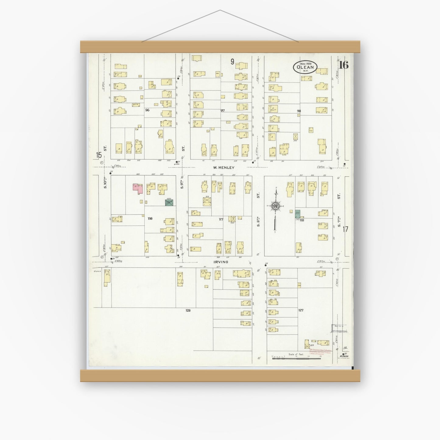 Old map wall art mockup — magnetic wood frame on white wall — Sanborn Fire Insurance Map from Olean, Cattaraugus County, New York (1909), Sheet #0016