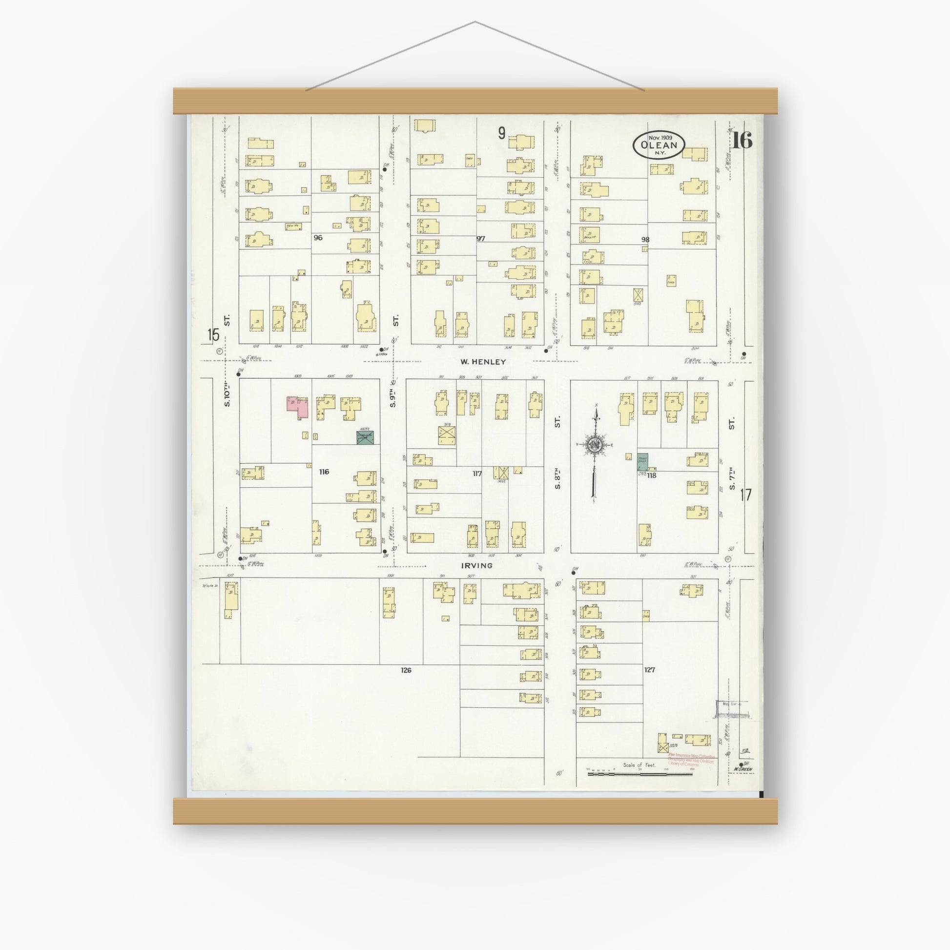 Old map wall art mockup — magnetic wood frame on white wall — Sanborn Fire Insurance Map from Olean, Cattaraugus County, New York (1909), Sheet #0016