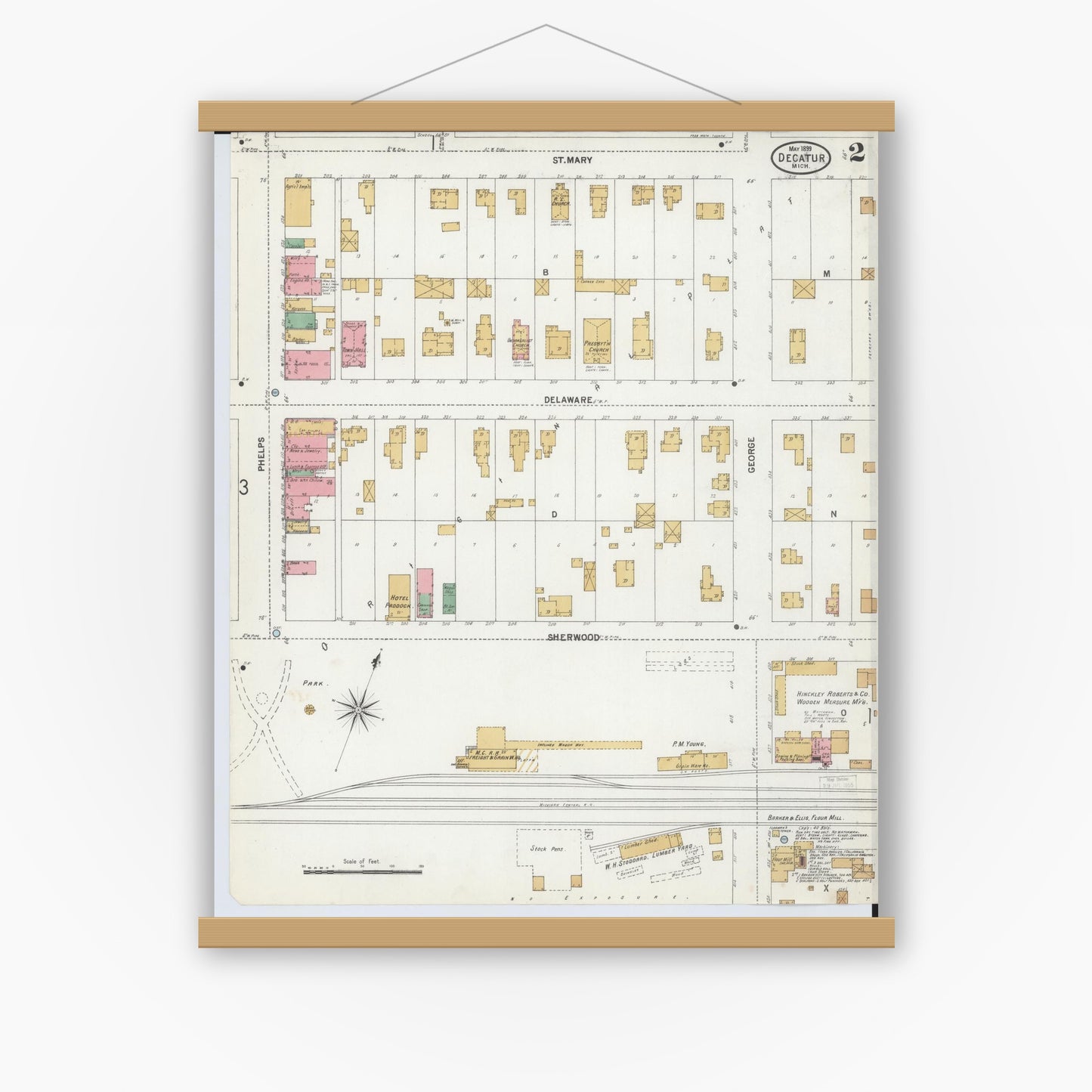 Old map wall art mockup — magnetic wood frame on white wall — Sanborn Fire Insurance Map from Decatur, Van Buren County, Michigan (1899), Sheet #0002