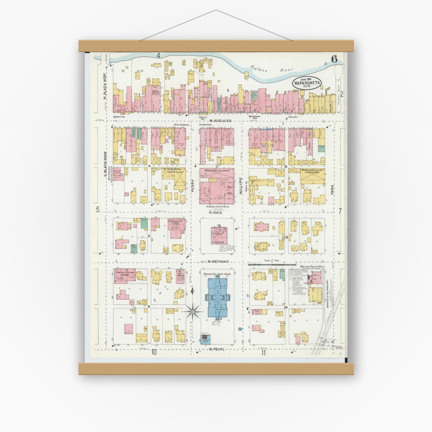 Old map wall art mockup — magnetic wood frame on white wall — Sanborn Fire Insurance Map from Wapakoneta, Auglaize County, Ohio (1904), Sheet #0006