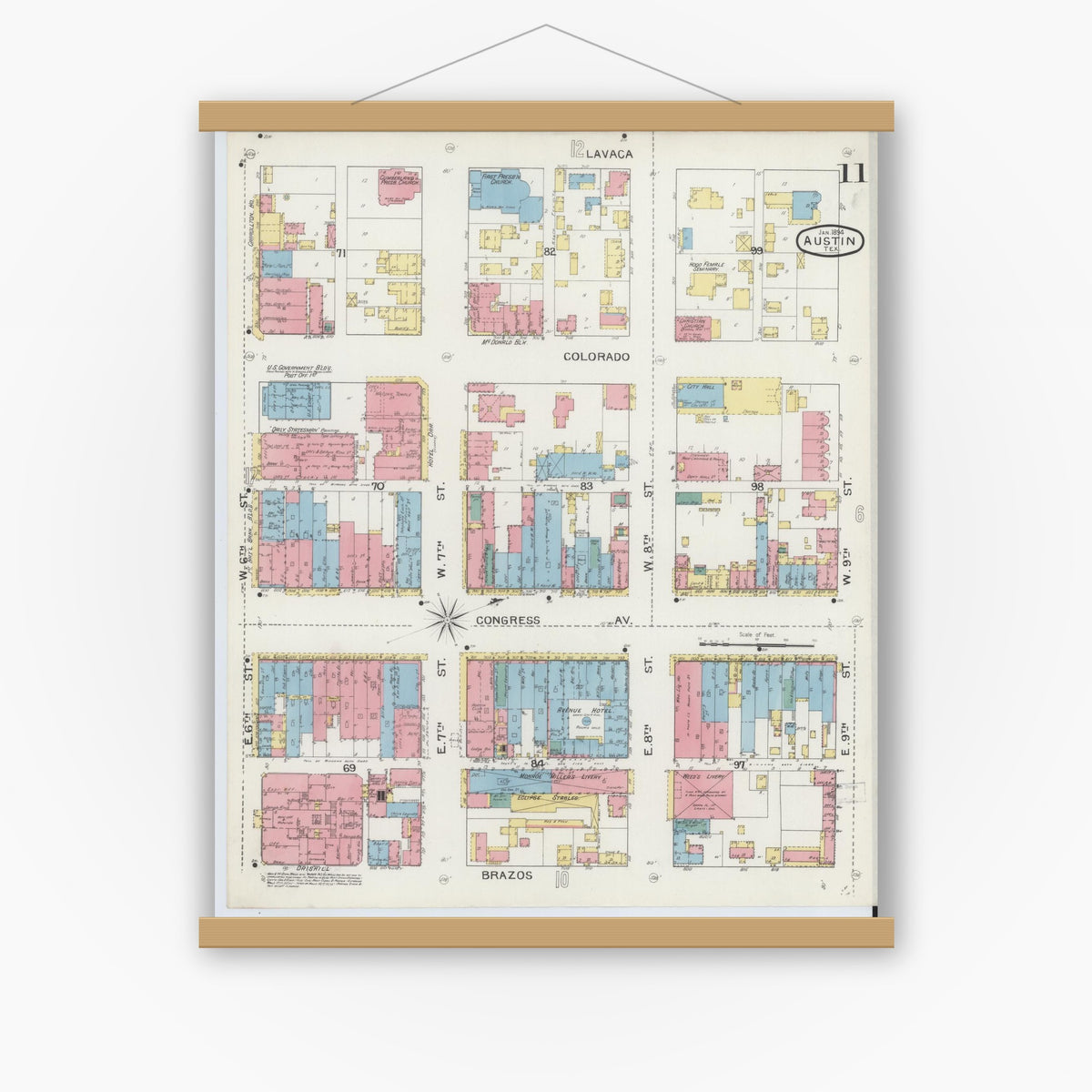 Old map wall art mockup — magnetic wood frame on white wall — Sanborn Fire Insurance Map from Austin, Travis County, Texas (1894), Sheet #0011