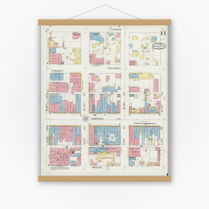 Old map wall art mockup — magnetic wood frame on white wall — Sanborn Fire Insurance Map from Austin, Travis County, Texas (1894), Sheet #0011