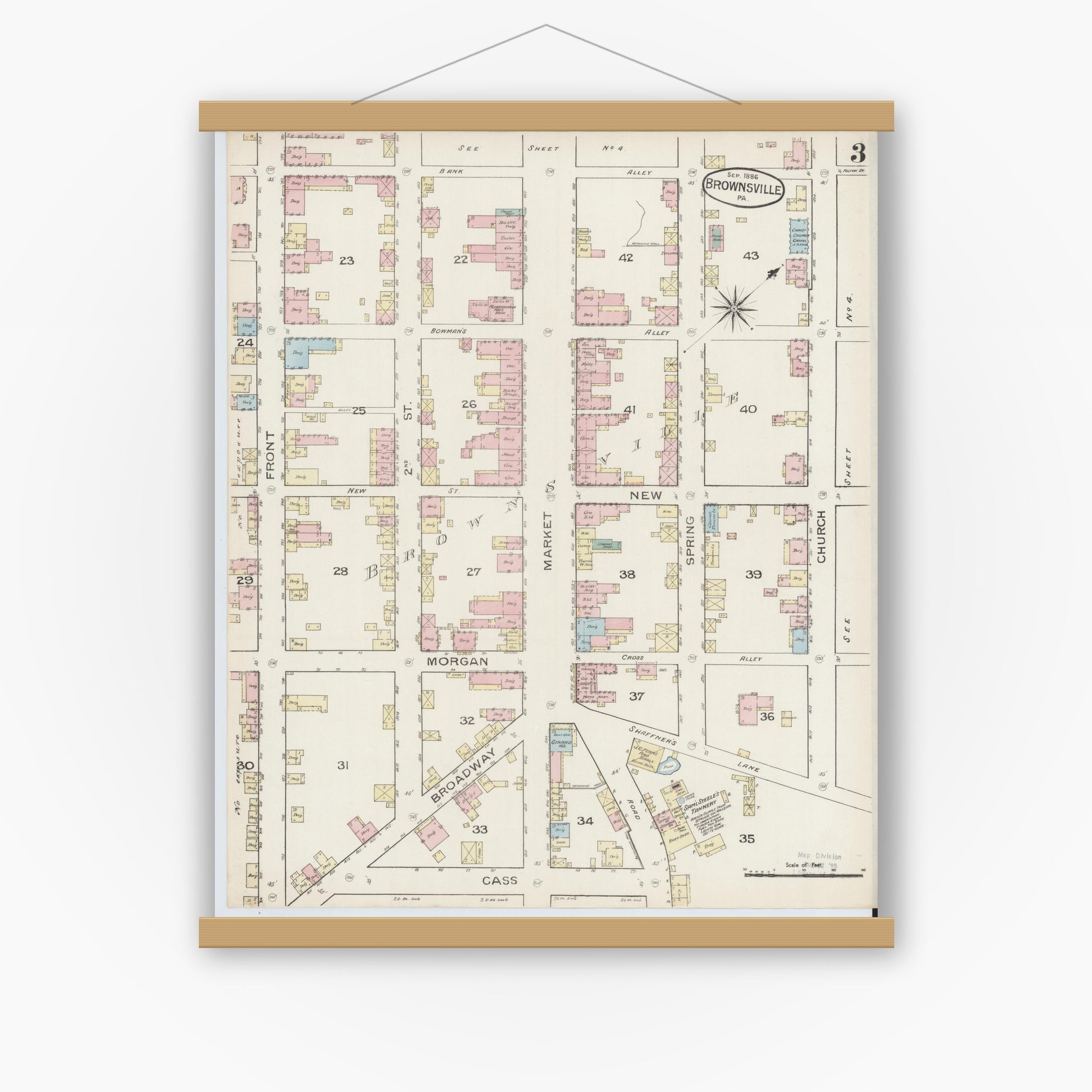 Old map wall art mockup — magnetic wood frame on white wall — Sanborn Fire Insurance Map from Brownsville, Fayette County, Pennsylvania (1886), Sheet #0003