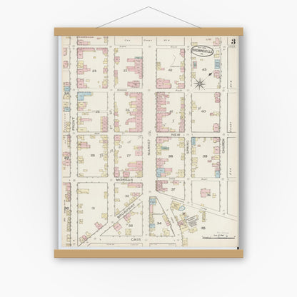 Old map wall art mockup — magnetic wood frame on white wall — Sanborn Fire Insurance Map from Brownsville, Fayette County, Pennsylvania (1886), Sheet #0003