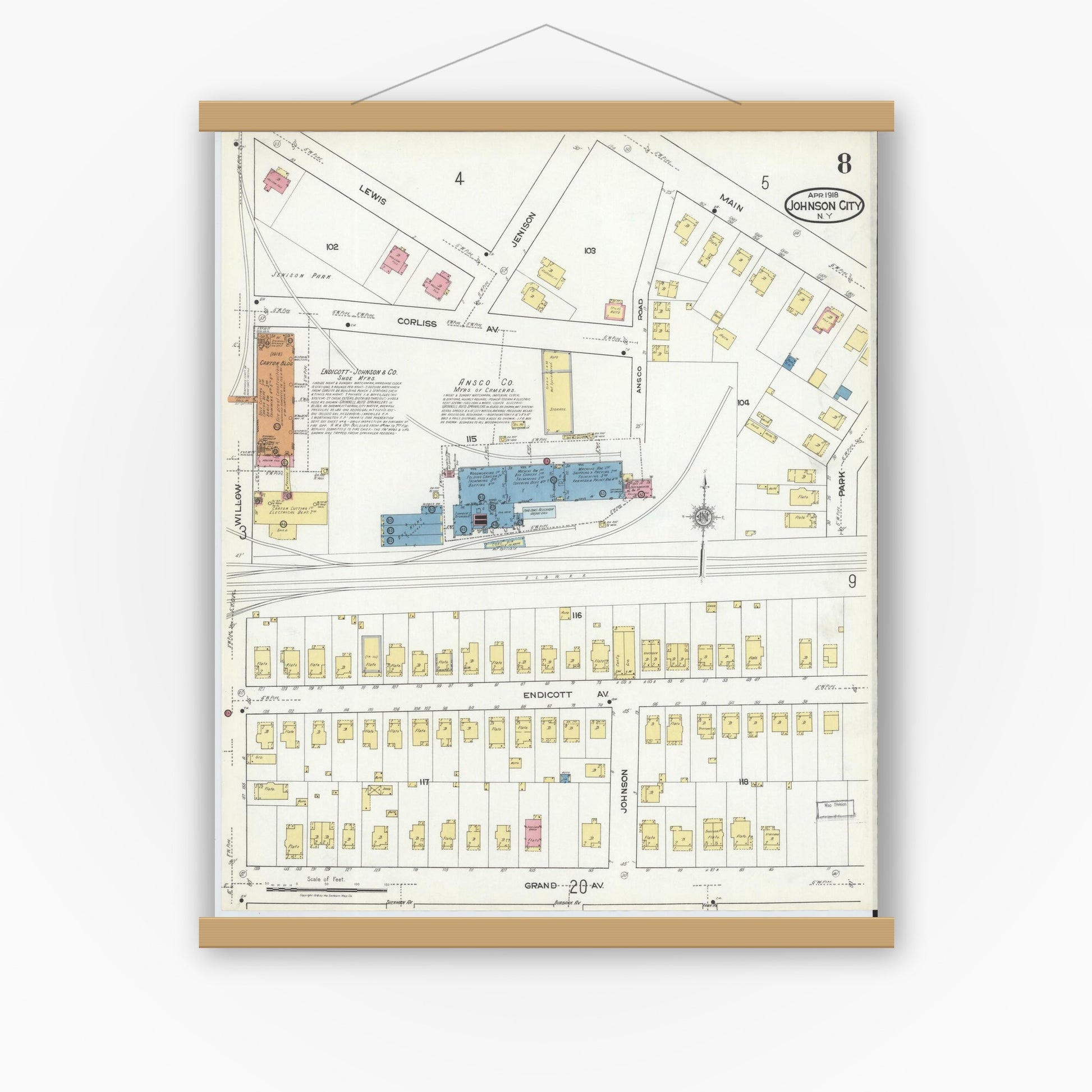 Old map wall art mockup — magnetic wood frame on white wall — Sanborn Fire Insurance Map from Johnson City, Broome County, New York (1918), Sheet #0008