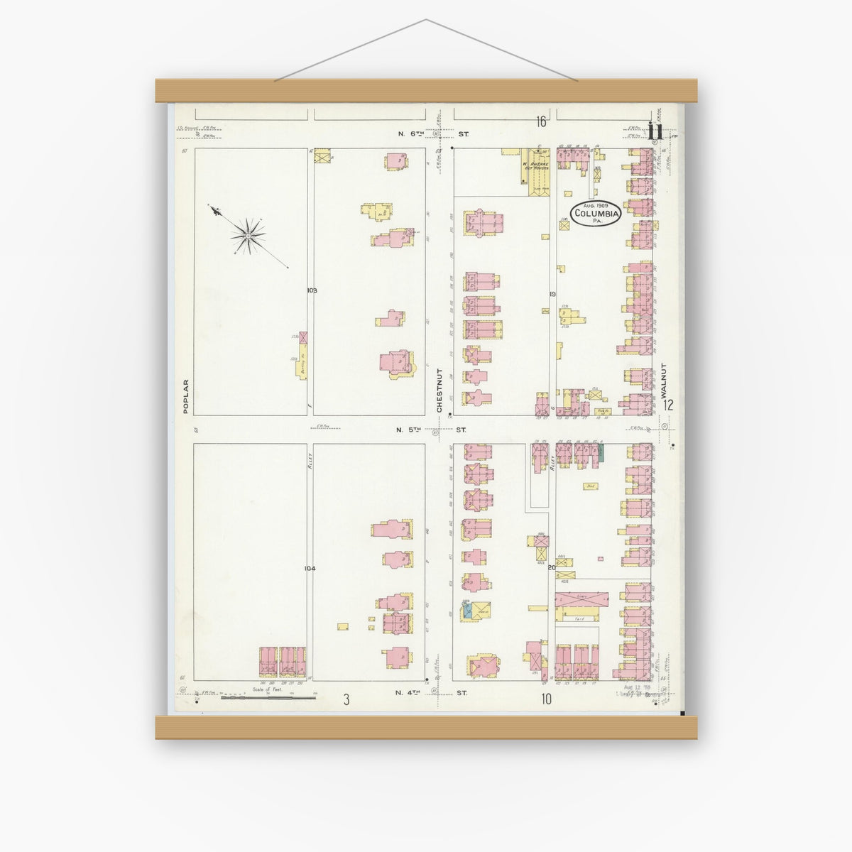 Old map wall art mockup — magnetic wood frame on white wall — Sanborn Fire Insurance Map from Columbia, Lancaster County, Pennsylvania (1909), Sheet #0011