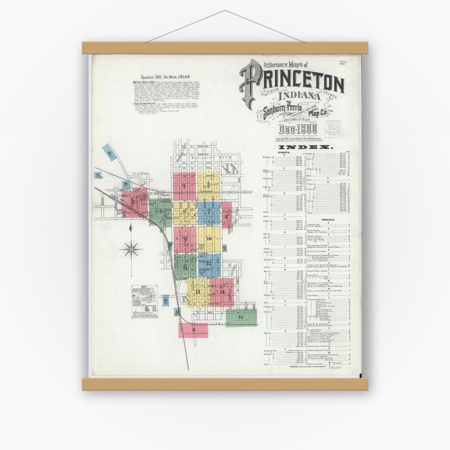 Old map wall art mockup — magnetic wood frame on white wall — Sanborn Fire Insurance Map from Princeton, Gibson County, Indiana (1900), Sheet #0001