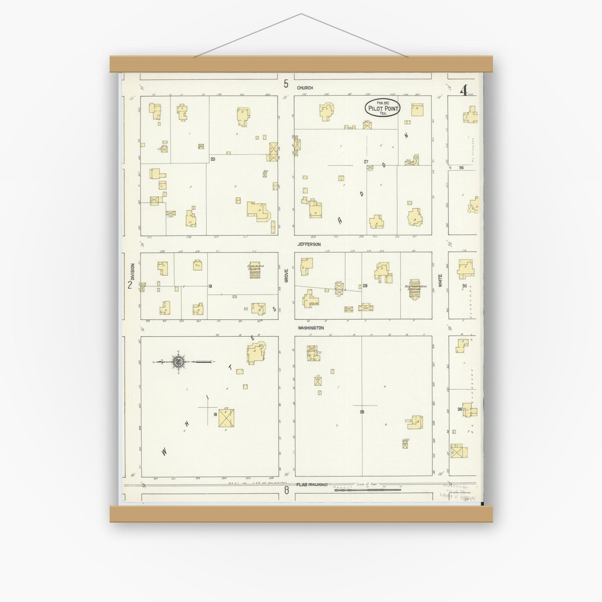 Old map wall art mockup — magnetic wood frame on white wall — Sanborn Fire Insurance Map from Pilot Point, Denton County, Texas (1912), Sheet #0004