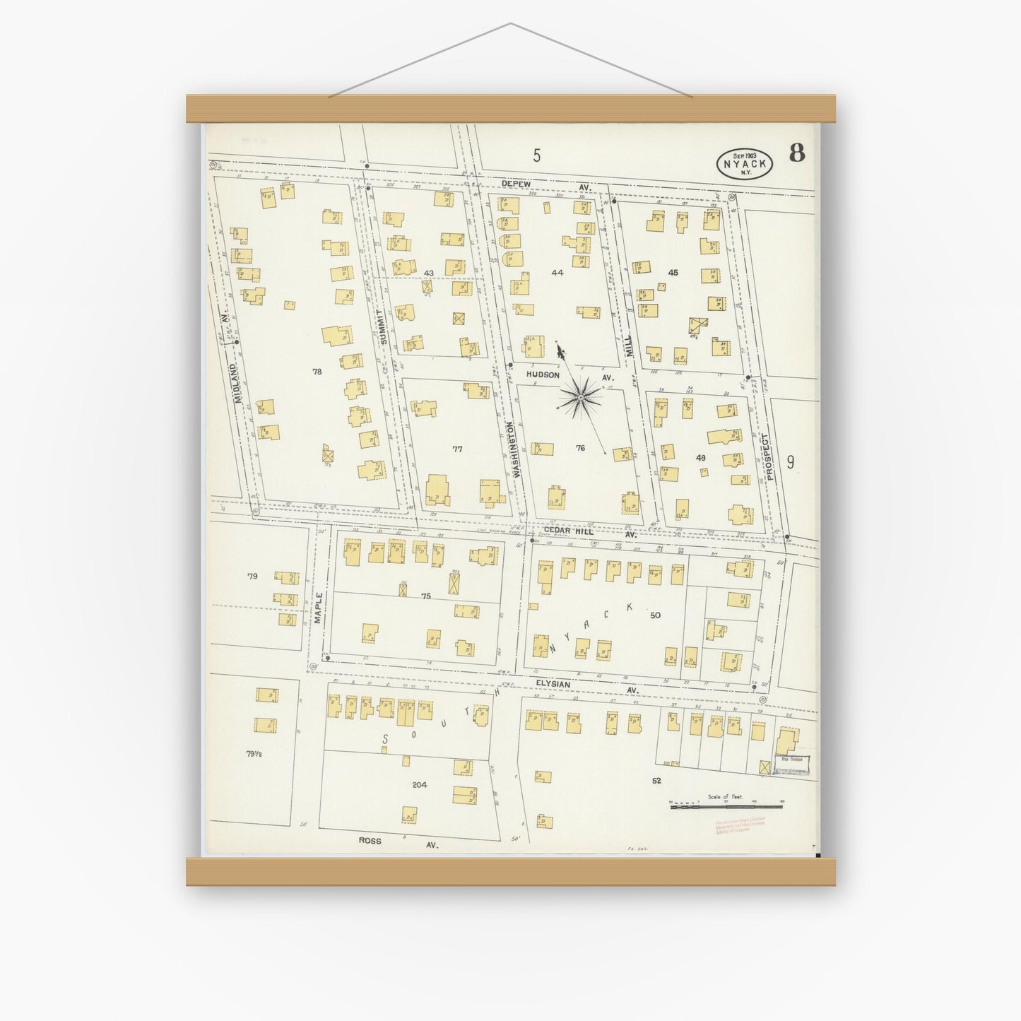 Old map wall art mockup — magnetic wood frame on white wall — Sanborn Fire Insurance Map from Nyack, Rockland County, New York. (1903), Sheet #0008