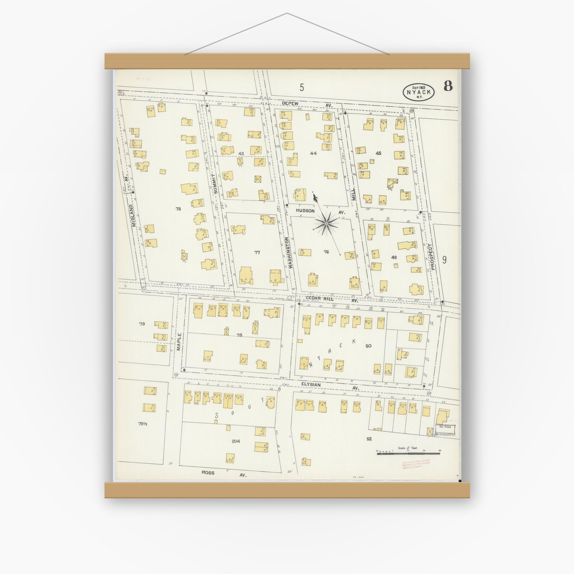 Old map wall art mockup — magnetic wood frame on white wall — Sanborn Fire Insurance Map from Nyack, Rockland County, New York. (1903), Sheet #0008