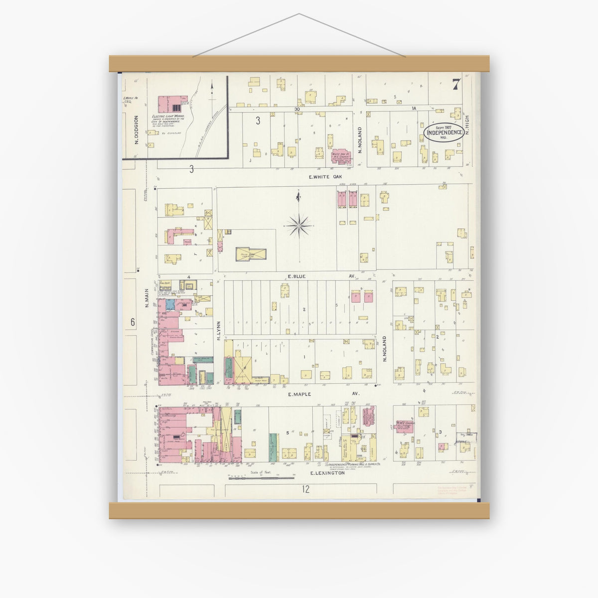 Old map wall art mockup — magnetic wood frame on white wall — Sanborn Fire Insurance Map from Independence, Jackson County, Missouri (1907), Sheet #0007