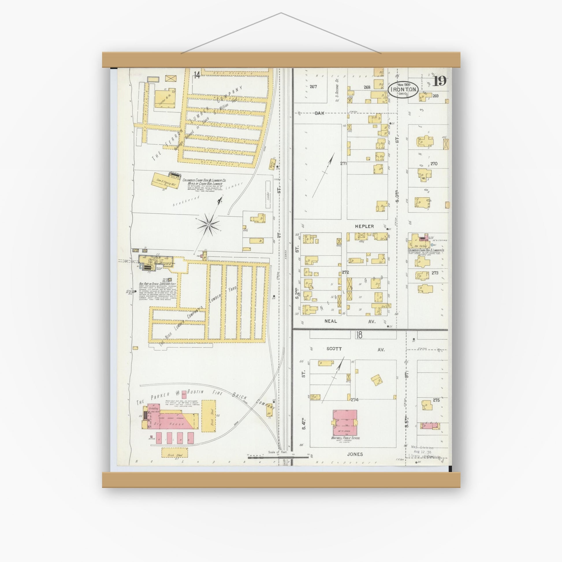 Old map wall art mockup — magnetic wood frame on white wall — Sanborn Fire Insurance Map from Ironton, Lawrence County, Ohio (1900), Sheet #0019
