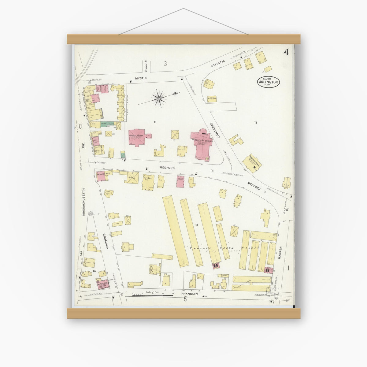 Old map wall art mockup — magnetic wood frame on white wall — Sanborn Fire Insurance Map from Arlington, Middlesex County, Massachusetts (1908), Sheet #0004
