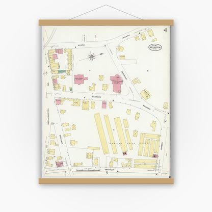 Old map wall art mockup — magnetic wood frame on white wall — Sanborn Fire Insurance Map from Arlington, Middlesex County, Massachusetts (1908), Sheet #0004