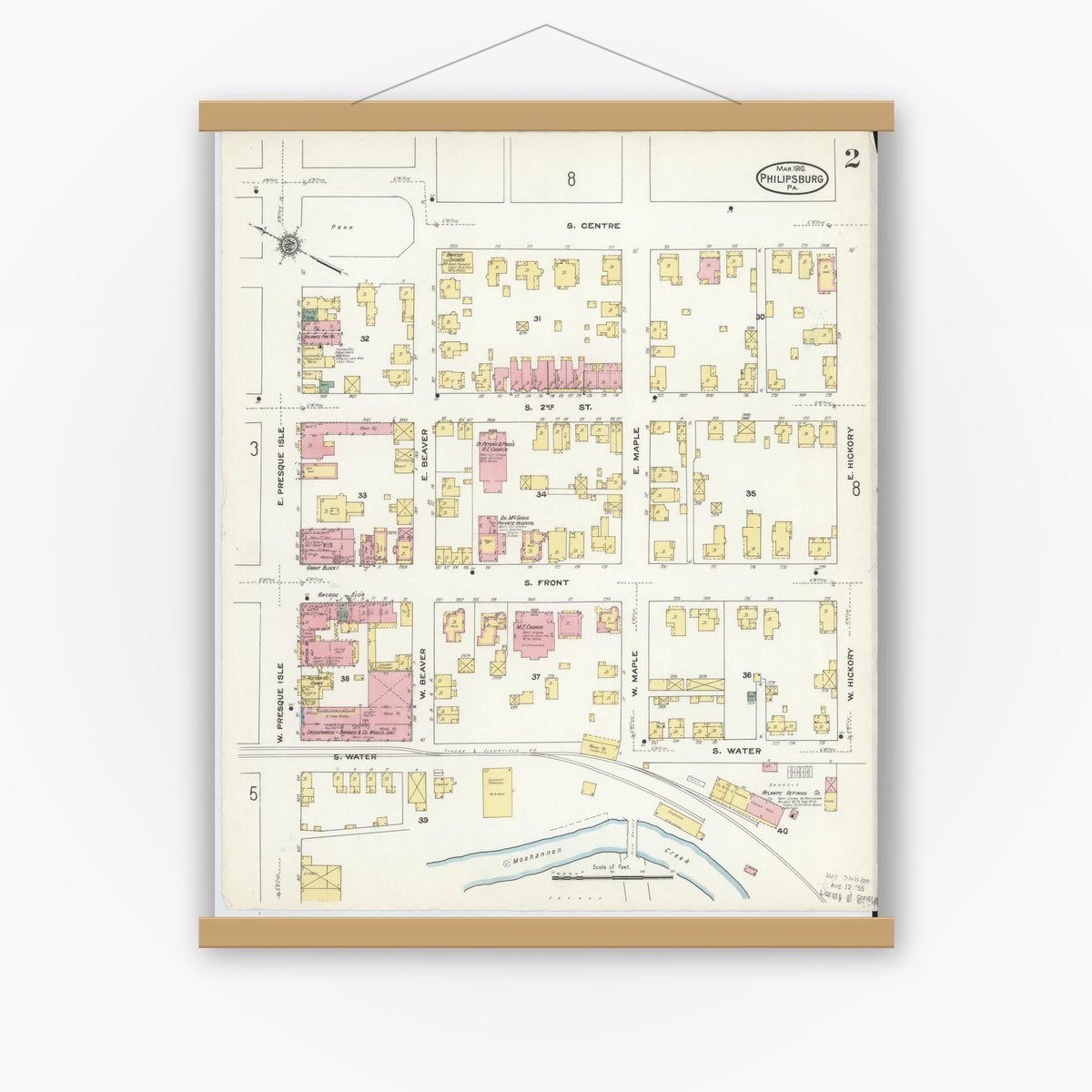 Old map wall art mockup — magnetic wood frame on white wall — Sanborn Fire Insurance Map from Philipsburg, Centre County, Pennsylvania (1910), Sheet #0002