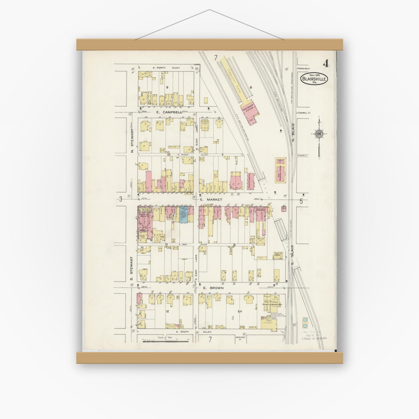 Old map wall art mockup — magnetic wood frame on white wall — Sanborn Fire Insurance Map from Blairsville, Indiana County, Pennsylvania (1915), Sheet #0004