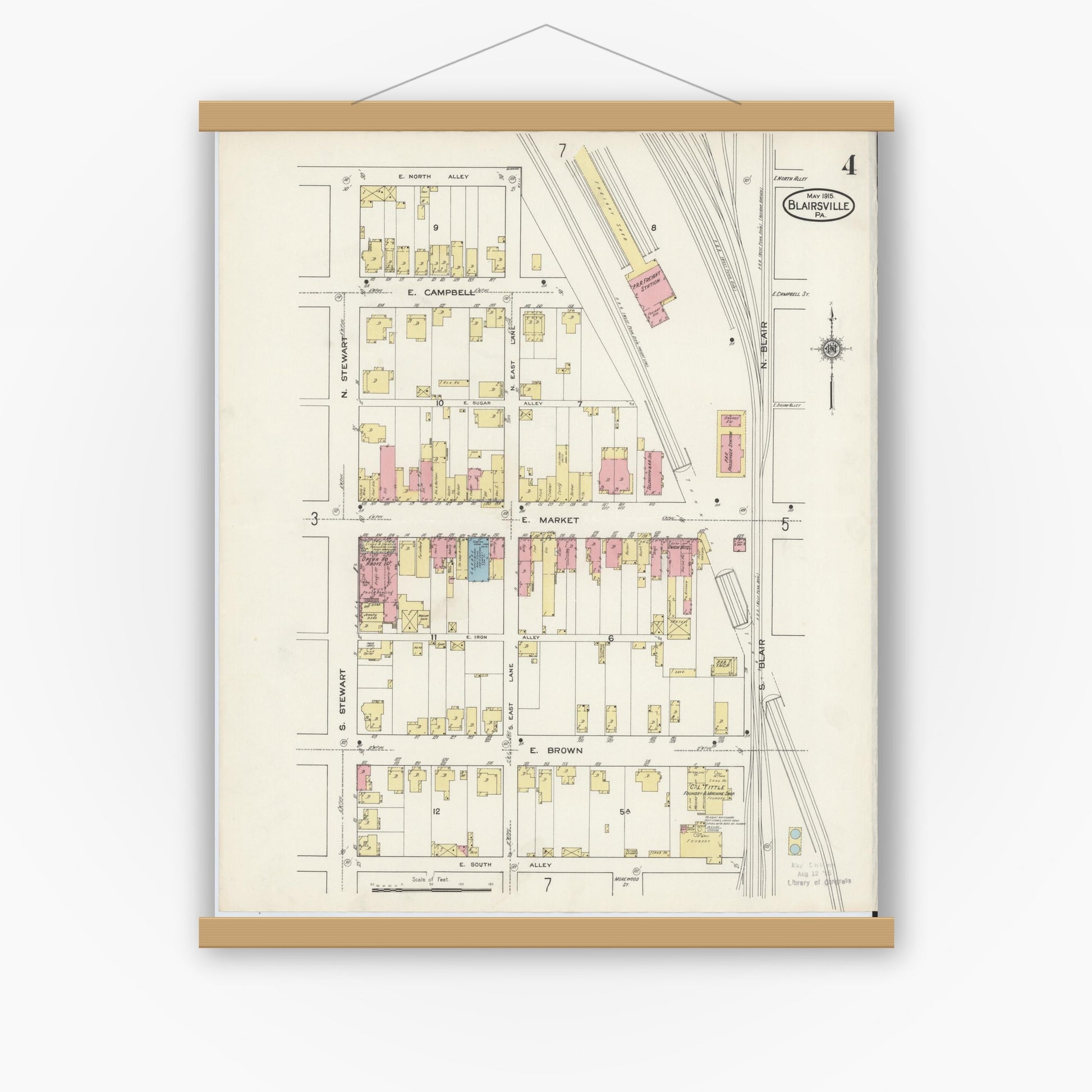 Old map wall art mockup — magnetic wood frame on white wall — Sanborn Fire Insurance Map from Blairsville, Indiana County, Pennsylvania (1915), Sheet #0004