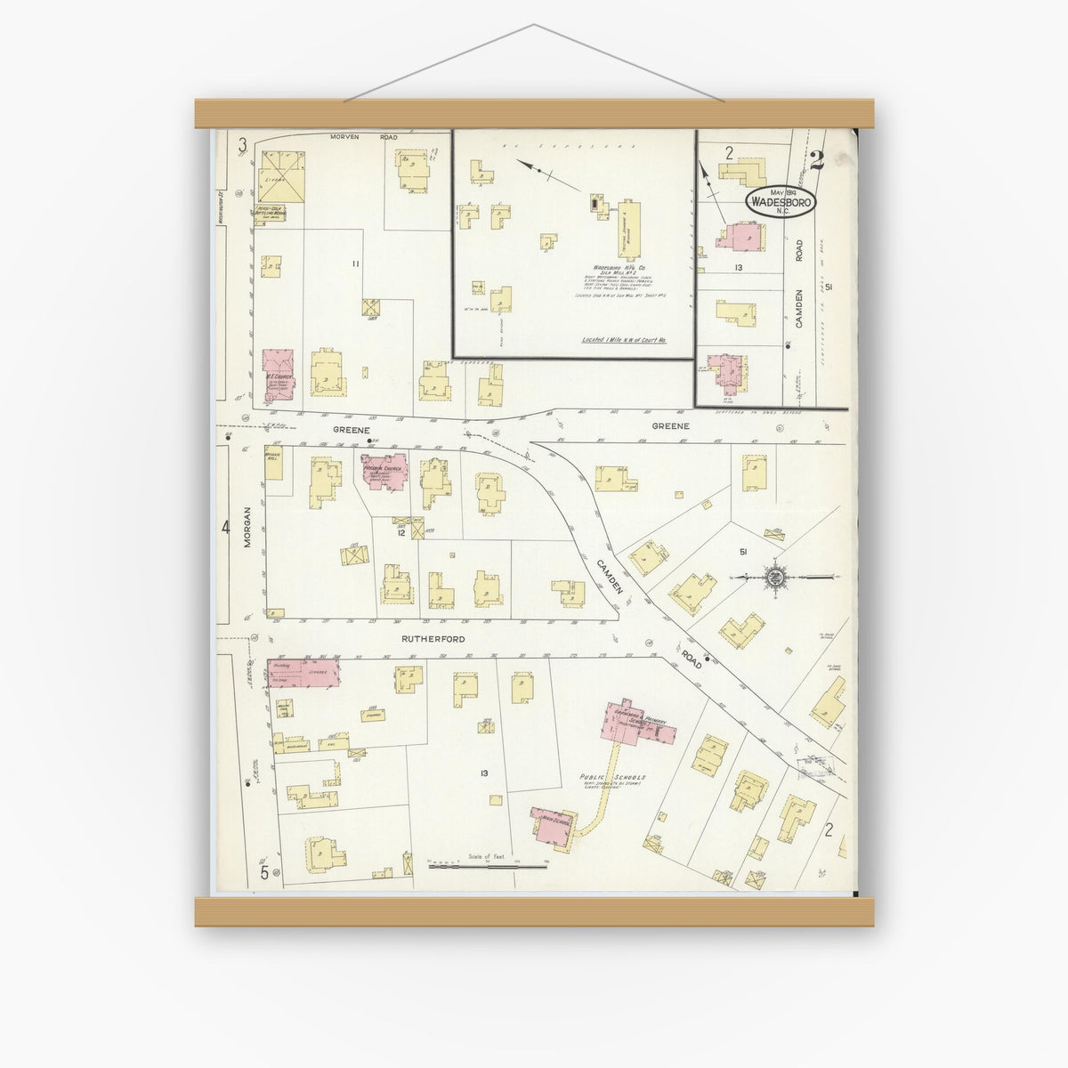 Old map wall art mockup — magnetic wood frame on white wall — Sanborn Fire Insurance Map from Wadesboro, Anson County, North Carolina (1914), Sheet #0002