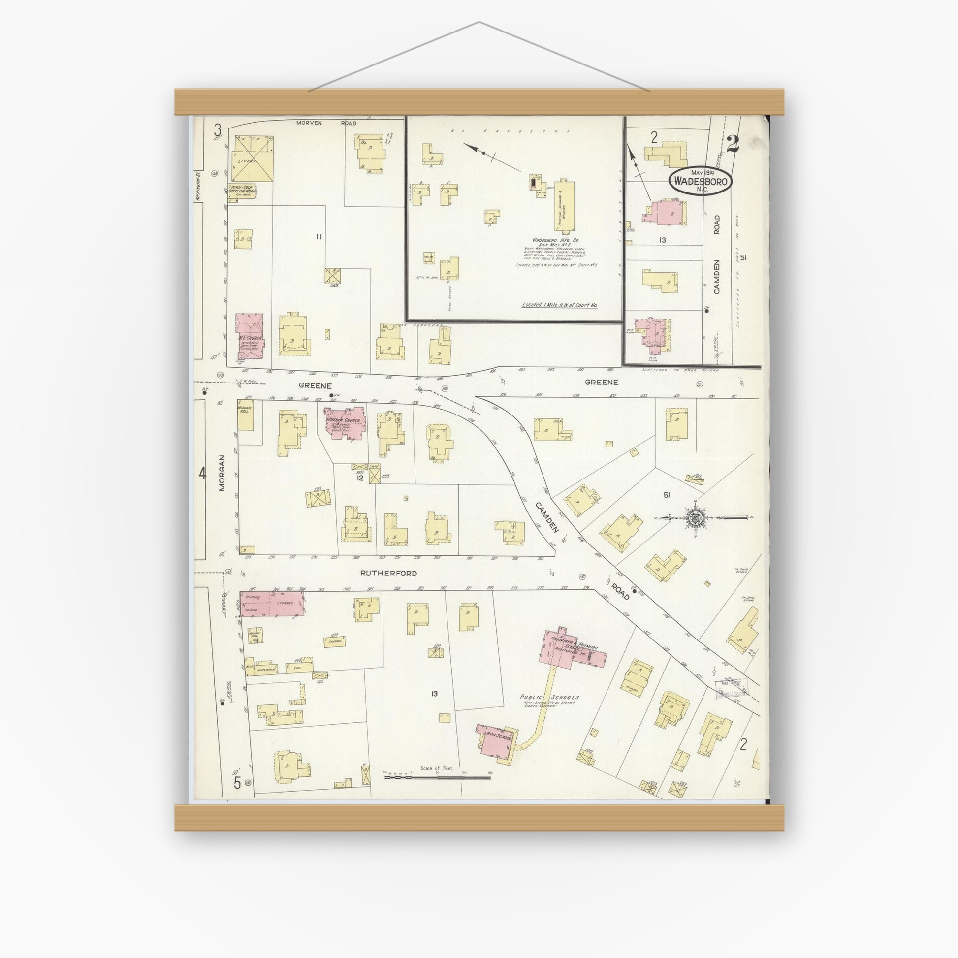 Old map wall art mockup — magnetic wood frame on white wall — Sanborn Fire Insurance Map from Wadesboro, Anson County, North Carolina (1914), Sheet #0002