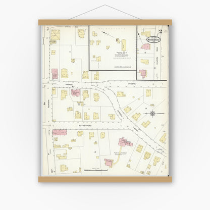 Old map wall art mockup — magnetic wood frame on white wall — Sanborn Fire Insurance Map from Wadesboro, Anson County, North Carolina (1914), Sheet #0002