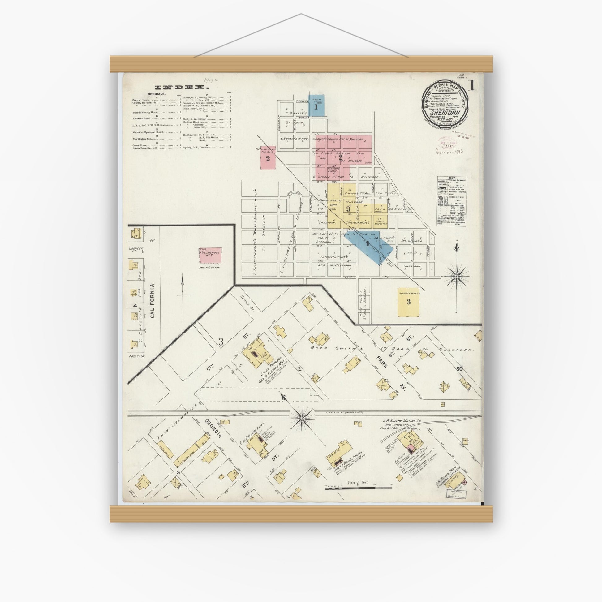 Old map wall art mockup — magnetic wood frame on white wall — Sanborn Fire Insurance Map from Sheridan, Hamilton County, Indiana (1896) - Complete Map Set