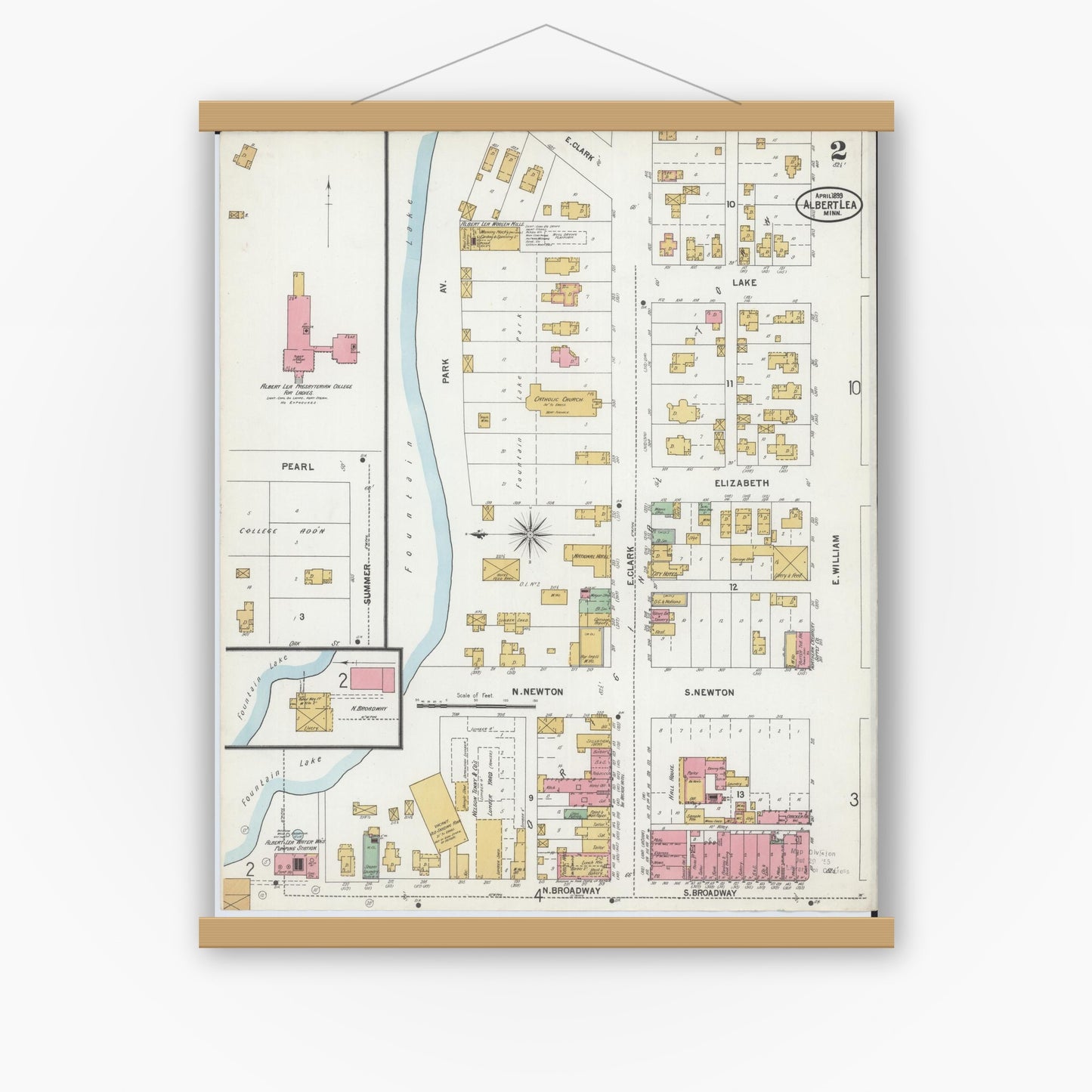 Old map wall art mockup — magnetic wood frame on white wall — Sanborn Fire Insurance Map from Albert Lea, Freeborn County, Minnesota (1899), Sheet #0002