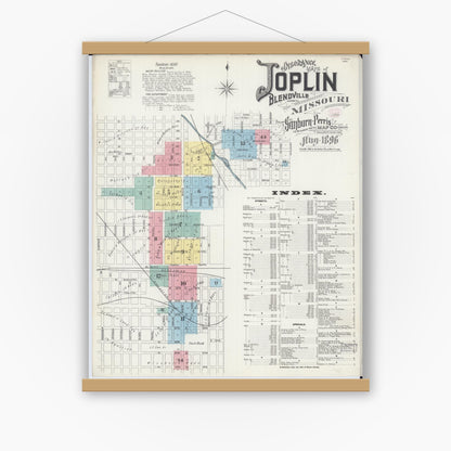 Old map wall art mockup — magnetic wood frame on white wall — Sanborn Fire Insurance Map from Joplin, Jasper County, Missouri (1896), Sheet #0001
