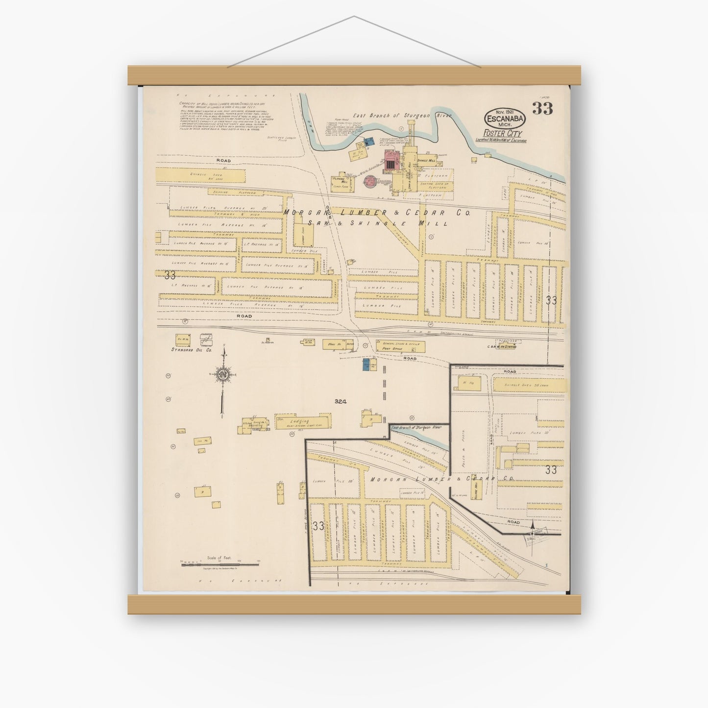 Old map wall art mockup — magnetic wood frame on white wall — Sanborn Fire Insurance Map from Escanaba, Delta County, Michigan (1921), Sheet #0033