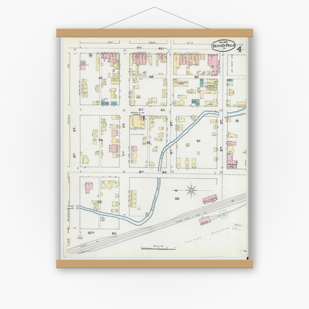 Old map wall art mockup — magnetic wood frame on white wall — Sanborn Fire Insurance Map from Beaver Falls, Beaver County, Pennsylvania (1891), Sheet #0004